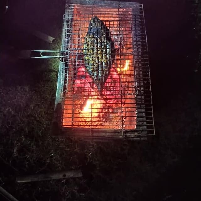 Whole fish grilling over glowing charcoal