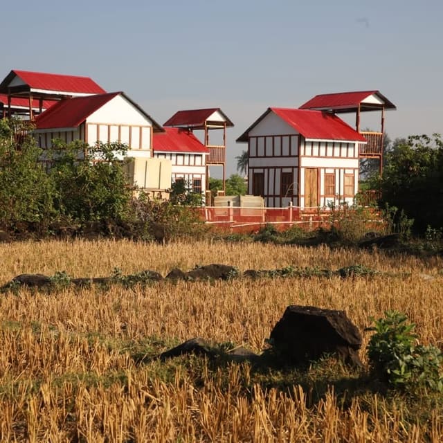A row of El Marena cottages seen across the fields